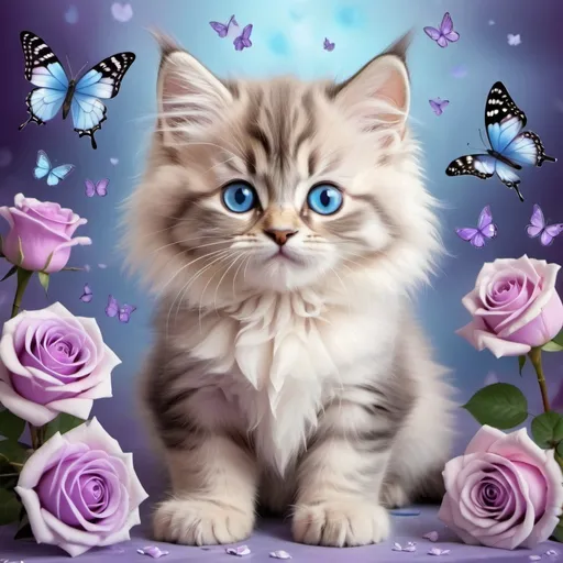 Prompt: Cute, little long-haired Siberian kitten, charming blue eyes, surrounded by purple and white roses, butterflies, glamour style, cute cartoon, happy appearance, made with soft airbrushing,