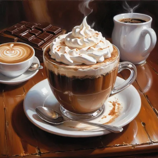 Prompt: a painting of a cup of coffee with whipped cream, by Pamela Ascherson, hot cocoa drink, cappuccino, by Terry Redlin, ( ( konstantin razumov ) ), volegov, adi granov, popular on art station, cozy cafe background, detailed soft painting, featured on art station, intricate detailed oil painting, chocolate art