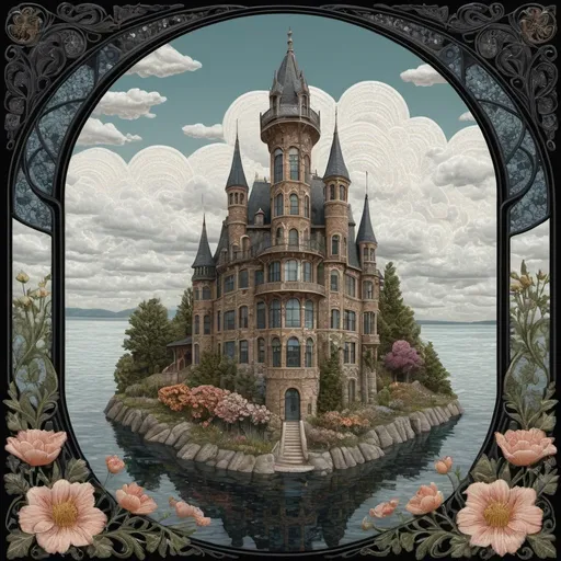 Prompt:  fabulous town, lake, cloud, tower, art Nouveau style, floral embroidery, flowers, grunge, glass, dark botanical, digital art, pixel art, high detail, many details, delicate sensuality, made of glass and stone, inherent
details, bohemian, elegant, aesthetic, lineout, mysticism,
surrealism, realistic, high quality, work of art, hyperdetalization, professional, filigree, black haze overdetalization, hyperrealism, mosaic illustration