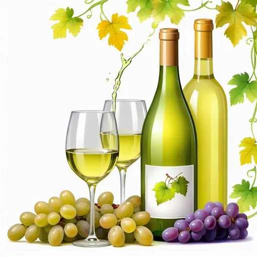 Prompt: a glass of white wine wine next to a bottle of wine and grapes, white border and background, wind swaying leaves, yellow and green, clipart, passionate, plant juice, sharp shape, satisfied look, vine, realistic, beautiful cartoon drawing ,watercolor drawing with 3d parallax effect