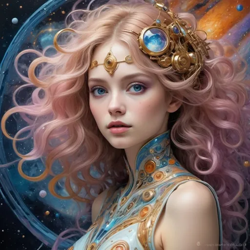 Prompt: Fantastic, space abstraction, very beautiful fairy perfect face, Beautiful, wavy hair,big, blue, detailed, reflective eyes, in a beautiful, fantastic dress, Unusual colors, Pink, White, Orange, Light olive, Light blue, Soft purple colors, in the style of space, with gold threads, elements, ethnopixel style, modern style, golden ratio, space and art, sci-fi style, surrealism, kinetic art, space art, NijiExpress 3D v2, Venetian style, epic style, art art deco, v5, cyberat style, best oil painting, ultra-high contrast, soft brushes, stunning color depth, ultra-detailed, rich deep colors, detailed and intricate environment, multidimensional design, high details, ISO 1000, Klimt