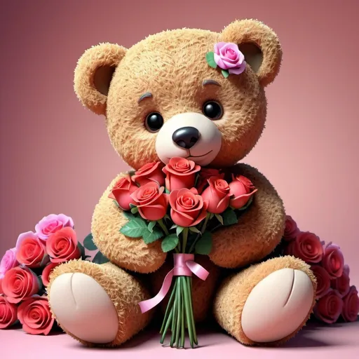 Prompt:  cartoon teddy bear with a bouquet of roses, romance, 3 D drawing, bright colors beautiful, illustration, computer graphics high resolution, high detail, 30mm lens, 1/250s, f/2.8, ISO 100