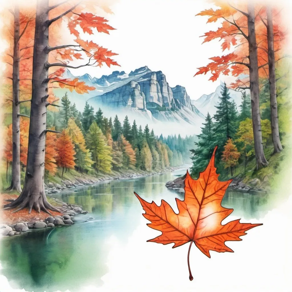 Prompt:  forest, trees, river, landscape on a maple leaf, double exposure, watercolor drawing, marker drawing, airbrushing, digital graphics, neurosurface