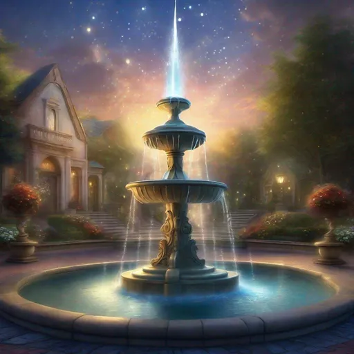 Prompt:  a fountain with a star on top of it, a digital rendering by Cherryl Fountain, cgsociety, magic realism, style thomas kinkade, ( ( thomas kinkade ) ), style of thomas kinkade