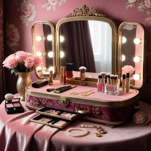 Prompt:  A vintage cosmetics vanity case adorned with delicate pink roses sits on a velvet tablecloth. The vanity is filled with luxurious jewelry, including sparkling diamond necklaces, pearl bracelets, and gold earrings. Various makeup items, such as a vibrant red lipstick, a shimmering eyeshadow palette, and a soft makeup brush, are neatly arranged inside the case. The environment is a posh dressing room with a large ornate mirror and plush velvet curtains. The atmosphere is sophisticated and elegant, exuding a sense of glamour and beauty. The style is a detailed illustration, showcasing intricate patterns on the vanity case and the fine details of the jewelry and makeup items. Soft natural light streams through a nearby window, casting a gentle glow on the vanity. The realization is a high-resolution digital illustration created with a professional-grade drawing tablet and software.

 