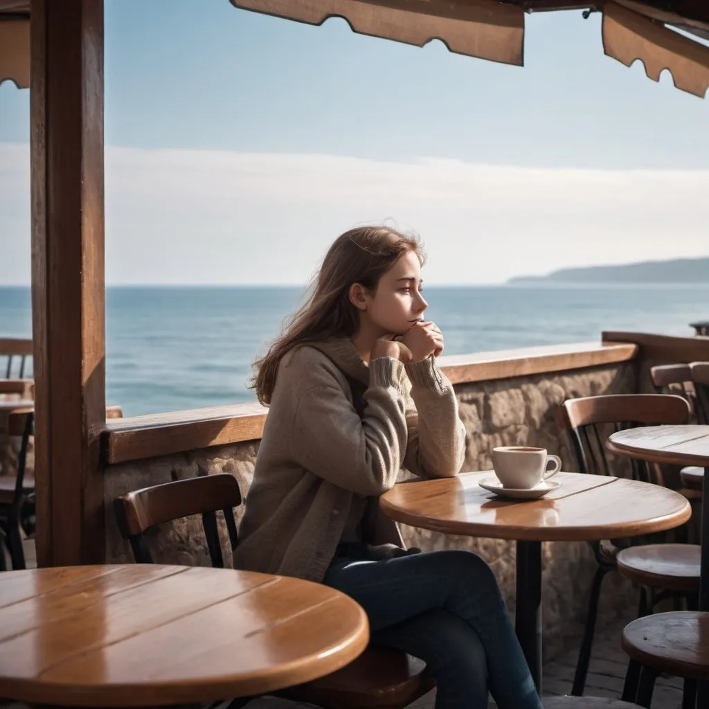 Prompt:  A young girl sits alone in a cozy street cafe, drinks coffee and looks at the endless sea stretched out in front of her. She appears lost in thought, her expression a mixture of contemplation and serenity. Write a scene that conveys the girl's emotions and the scenic view in which she is immersed.