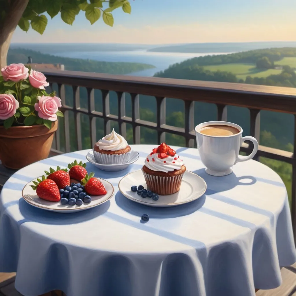 Prompt:  a painting depicting a table with a cup of coffee and a cupcake, a cupcake decorated with strawberries and blueberries,exquisite rich decor, breakfast on a terrace with a beautiful landscape, morning,oil painting, hyperrealism, good morning, beautiful art uhd 4K, baking, highly detailed digital painting, exquisite painting, very beautiful digital art