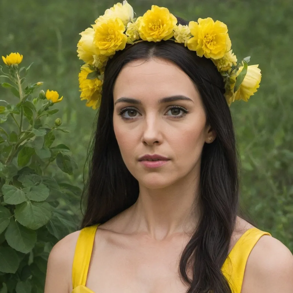 Prompt:  Portrait of a woman with dark hair, wearing a yellow dress and a headpiece with yellow flowers.