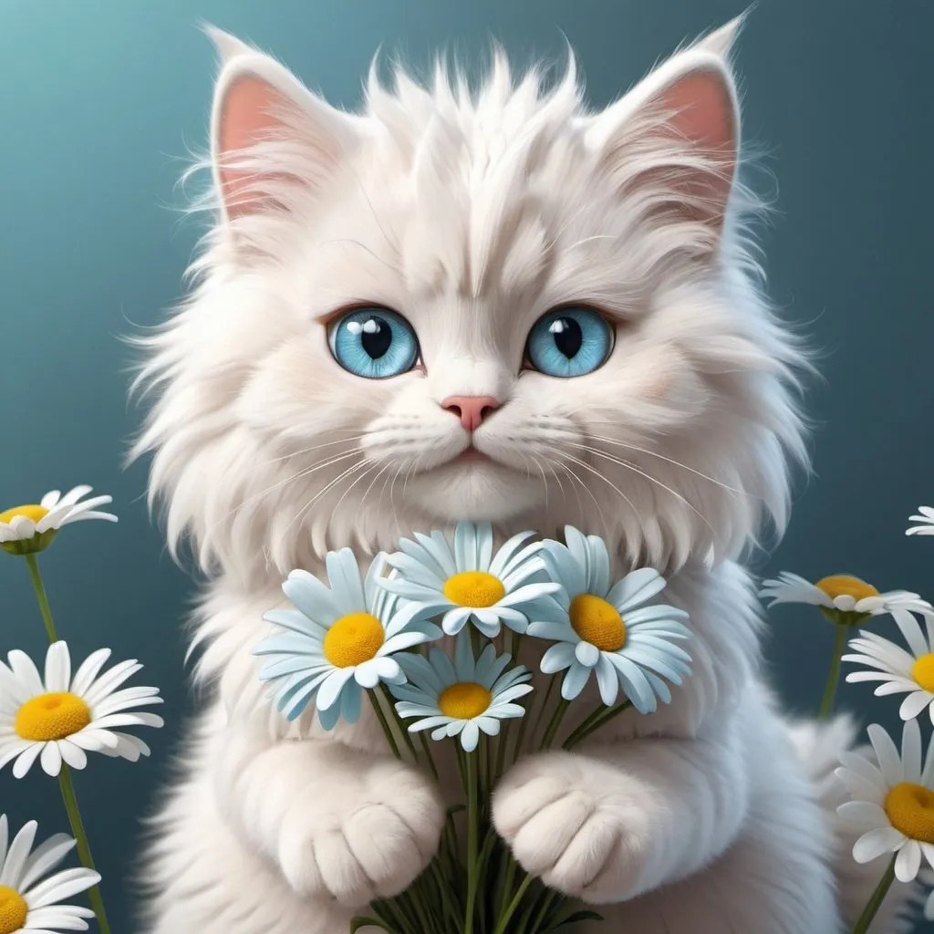 Prompt: Fluffy cat holding a bouquet of daisies, ice blue eyes, happy appearance, realistic cartoon, r/aww, hd, beautiful, colorful, realistic, with high detail, animated 3D graphics, stunning