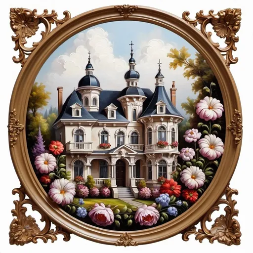 Prompt: houses with flowers in front of it, white contour border, baroque border, rounded , detailed 3d Gothic oil painting,