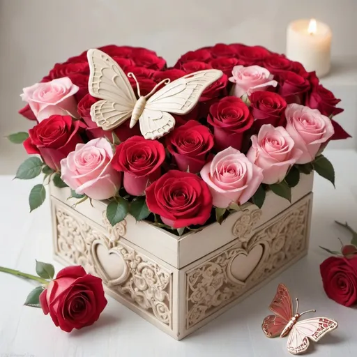 Prompt: A heart-shaped box adorned with a red bow is the centerpiece of this image. The box is filled with beautiful red roses, adding a touch of romance and elegance to the scene. A delicate butterfly hovers nearby, adding a whimsical touch to the composition. The color palette features shades of pink, red, and white, creating a soft and romantic atmosphere. The overall image exudes a sense of love and celebration, making it perfect for occasions like Valentine''s Day or anniversaries. The intricate details of the box and the vibrant colors of the roses make this a visually captivating and enchanting sight.