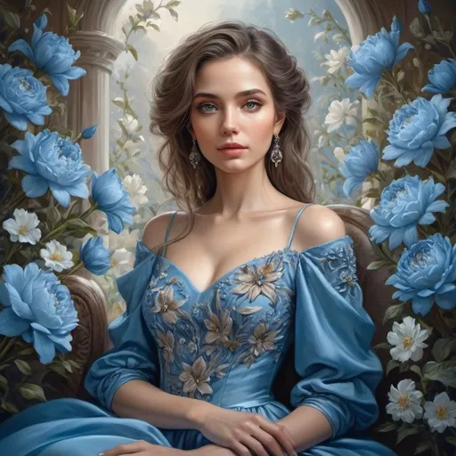 Prompt: woman in blue dress surrounded by flowers, beautiful and elegant, detailed dress and face,beautiful fantasy portrait, very beautiful fantasy art, detailed realistic beautiful, stunning detailed painting, beautiful fantasy art, beautiful detailed elegant, elegant photorealistic, detailed beautiful portrait, detailed soft painting 