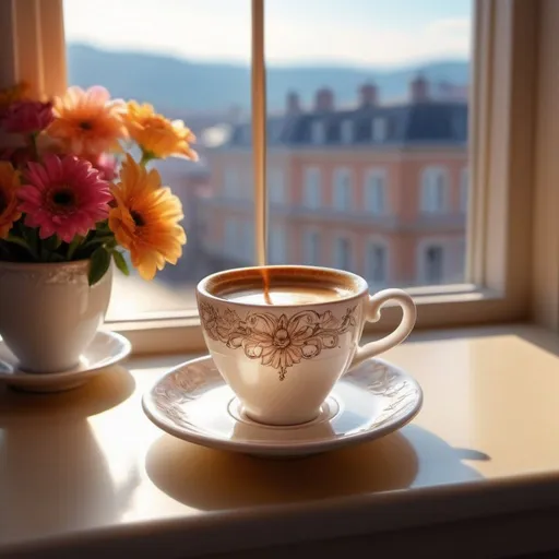 Prompt: By the window, an espresso cup standing on a saucer, richly luxurious decoration,flowers, a beautiful landscape outside the window, rays of the sun, high detail, realistic, three-dimensional drawing,
thin neon ink,
contour with a very thin pen