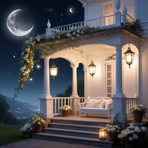 Prompt: a porch with flowers and lanterns at night, beautiful mattepainting, the moon and stars, houzz, white splendid fabric, sleep, beautiful singularities, rococo, crescent moon, adorned pillars, dreamscape architect, midsummer