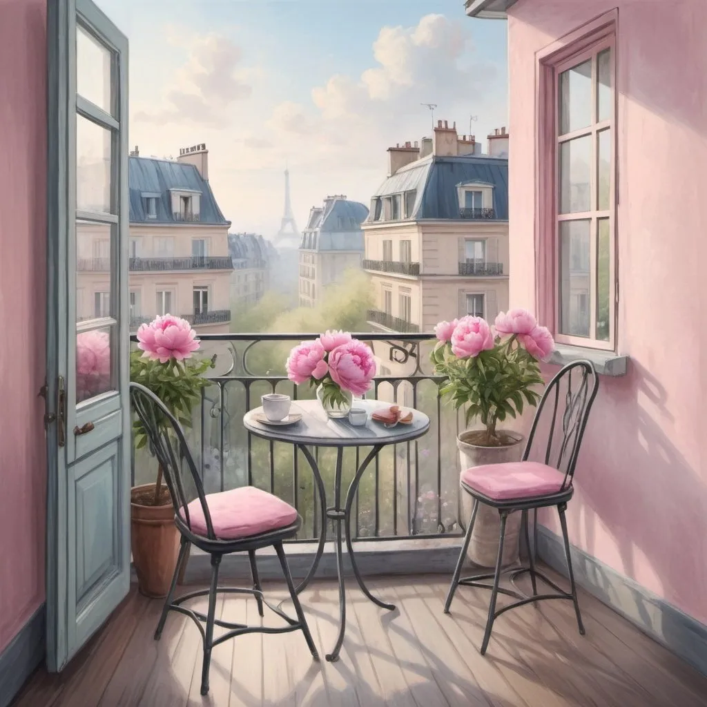 Prompt: a painting depicting a balcony with a chair and a table, a bouquet of pink peonies on the table. a nice cozy room, a Parisian background, a pencil illustration, fog floating in the air, a cat on the windowsill, a beautiful spring day with a view of the spring city