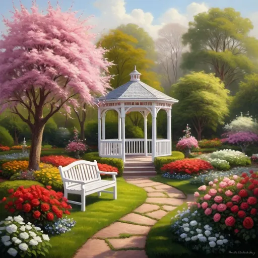 Prompt: a painting of a garden with a gazebo, beautiful dreamy breathtaking, inspired by mark keathley, tea cup, precisionism, very aesthetic!!!!!!!!!!!!!!!, artists rendition, white furniture, anarcho - communist heaven, very sweet, safehavenhq, early spring, animation illustrative style, elm tree, image of the day, outdoor design, rosses  