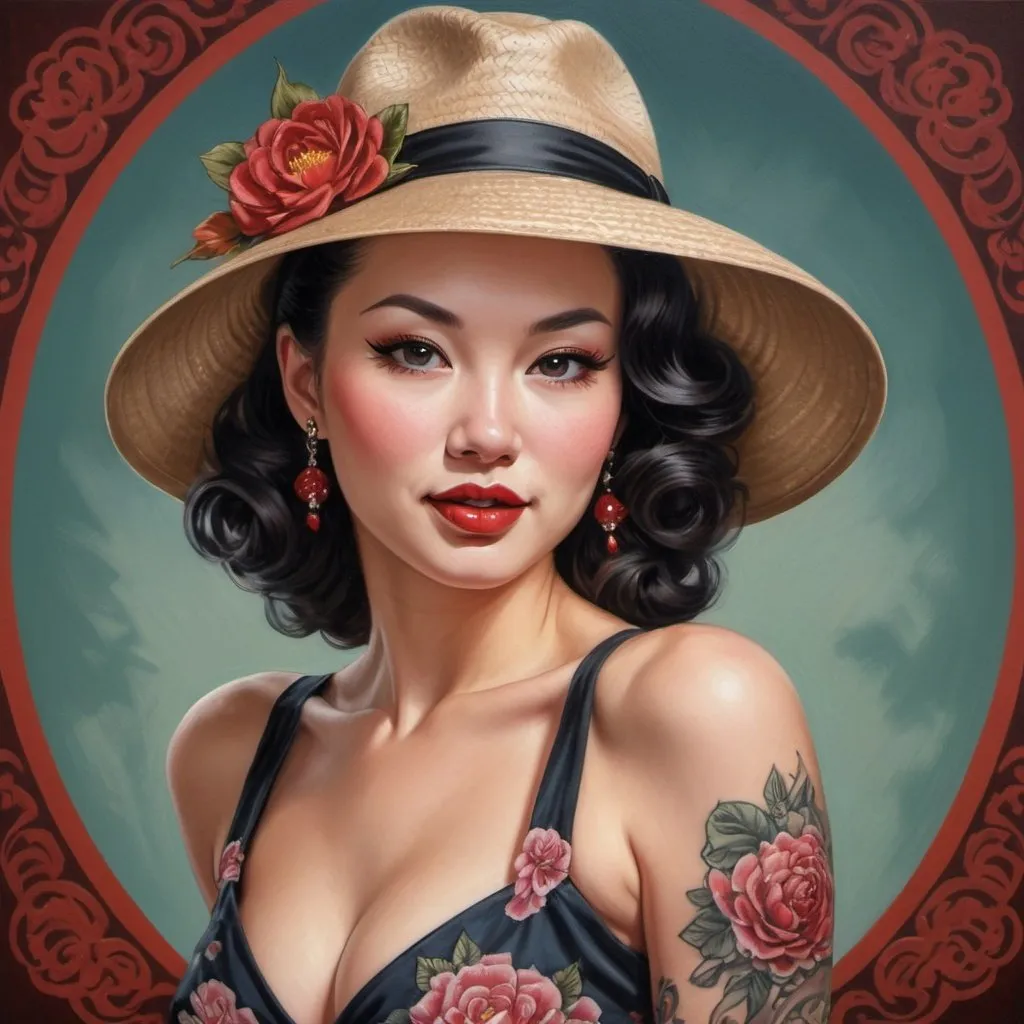 Prompt: painting of a woman in a dress and hat, pinup art, detailed female face inspired by Mark Brooks, dressed like in the 1940s, lover, Chinese, agile young woman, tattooed pinup  