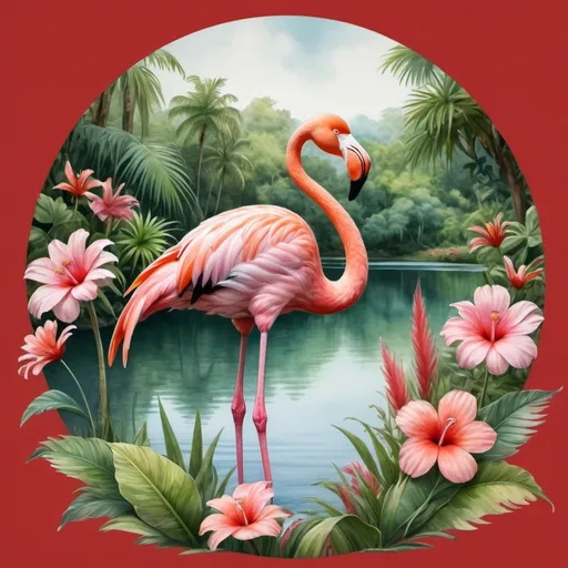 Prompt: flamingo standing in front of a lake surrounded by flowers,lush jungle in the background, made in a round vignette , 2dcg, red background, photorealistic, icon made in a vernacular style, very, very beautiful furry drawing, realistically beautiful watercolor drawing