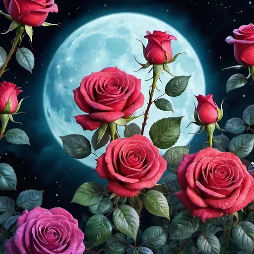 Prompt: ornate roses on the background of a full moon, stunning visual effects, fantastic flowers and leaves, interconnected forms of human life, saturated colors, night walk, incredible visual effects, ornate, macro view, bright, saturated, beautiful deep colors, beautiful drawing, high detail,rim light, animated 3D graphics, stunning watercolor painting,