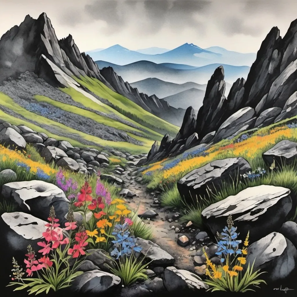 Prompt: mountain landscape with wildflowers , with lots of dark gray rocks, ink, realistic bright colors