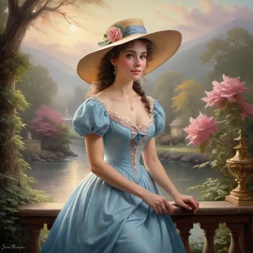 Prompt:  a painting of a woman in a dress and hat, romanticism painting, beautiful character painting, romantic era painting, by Joyce Ballantyne Brand, thomas kinkade painting, 1 8 5 0 s style painting, romanticist oil painting ”, woman in dress, portrait painting of a princess, painting of beautiful, beautiful fantasy painting, style thomas kinkade