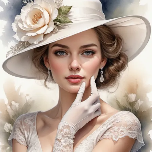 Prompt: elegant woman , detailed beautiful face, dress with guipure insert, white hat lace insert and gloves, photorealistic elegance, realistic body and face features, high detail,naturally, high detail,middle close-up,bloom light effect, dry watercolor, color sketch art