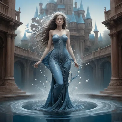 Prompt:  Beautiful full figure lady with long flowing dress in vortex of water blue and pearls. . Lilies. splashes, Glittering, rim lighting with sunlit hair, brown hair, rim light, in highly detailed, beautiful painting. in art white, blue and pink splash, in highly detailed, digital art, Jean-Baptiste Monge style, bright, beautiful, splash, Glittering, cute and adorable, filigree, rim lighting, lights, extremely, magic, surreal, fantasy, digital art, wlop, artgerm and james jean, sf, intricate artwork masterpiece, ominous, matte painting movie poster, golden ratio, trending on cgsociety, intricate, epic, trending on artstation, by artgerm, h. r. giger and beksinski, highly detailed, vibrant, production cinematic character render, ultra high quality model, castle in background