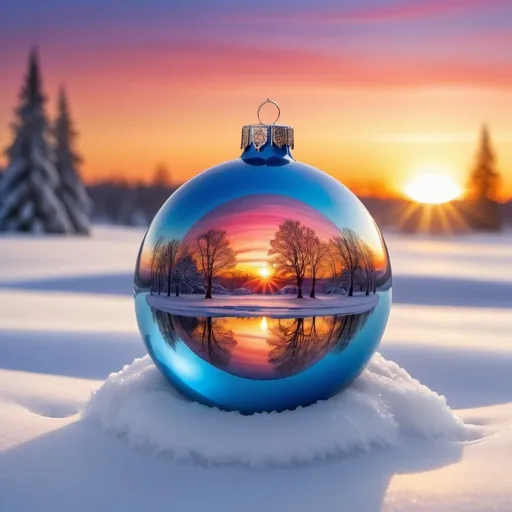 Prompt:  a christmas ornament sitting on top of snow covered ground, colorful sunset, glass ball at the waist, fantasty art, cold as ice! 🧊, photo pinterest, a beautiful mine, the orb of truth, exquisite painting, blue reflections, the sun. beautiful, happy apearance, beautifully, 2 0 1 9, stunningly detailed, fantasy - n 9
