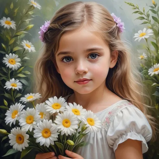 Prompt: a little girl holding a bouquet of flowers, girl in flowers, realistic cute girl painting, beautiful portrait image, very beautiful portrait, beautiful art uhd 4 k, beautiful portrait oil painting, cute young girl, beautiful angel girl portrait, beautiful young girl, young girl, stunning detailed picture, beautiful portrait photo, romanticism painting, beautiful oil painting, by Lilia Alvarado