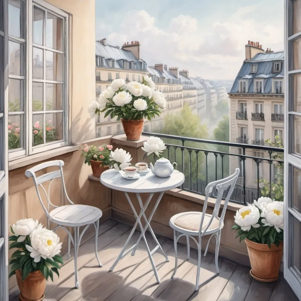 Prompt:  a painting depicting a balcony with a chair and a table, on the table a bouquet of white peonies and a cup of tea. a nice cozy room, a Parisian background, a pencil illustration, fog floating in the air, a cat on the windowsill, a beautiful spring day with a view of the spring city