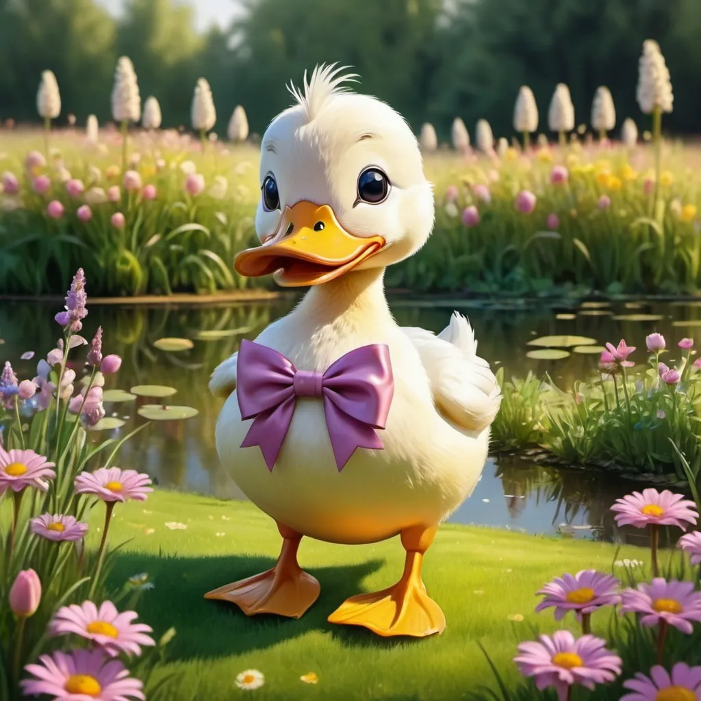 Prompt: cartoon duck with a bow on its head, on the lawn of a flower meadow and pond , with soft lighting, beautiful, realistic, drawing