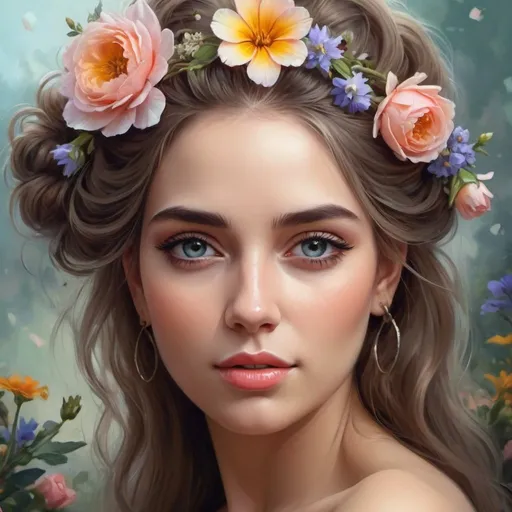 Prompt: a beautiful woman with flowers in her hair, beautiful fantasy painting, beautiful fantasy art portrait, beautiful fantasy portrait, very beautiful fantasy art, beauty woman with detailed faces, beautiful art uhd 4 k, beautiful fantasy art, stunning detailed picture, very beautiful digital art, detailed realistic beautiful, beautiful gorgeous digital art, beautiful portrait image, romanticism painting, beautiful portrait oil painting