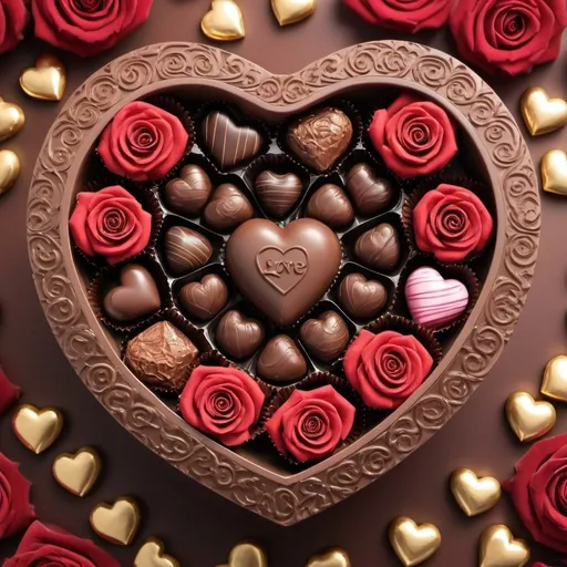 Prompt: a heart shaped box filled with chocolates and roses, chocolate, candy decorations, chocolate art, for a beautiful, chocolate. intricate background, ad image, many hearts, several hearts, chocolate candy bar packaging, love is begin of all, holding gift, love theme,  hearts, 3 d ornate carved water heart, very sweet