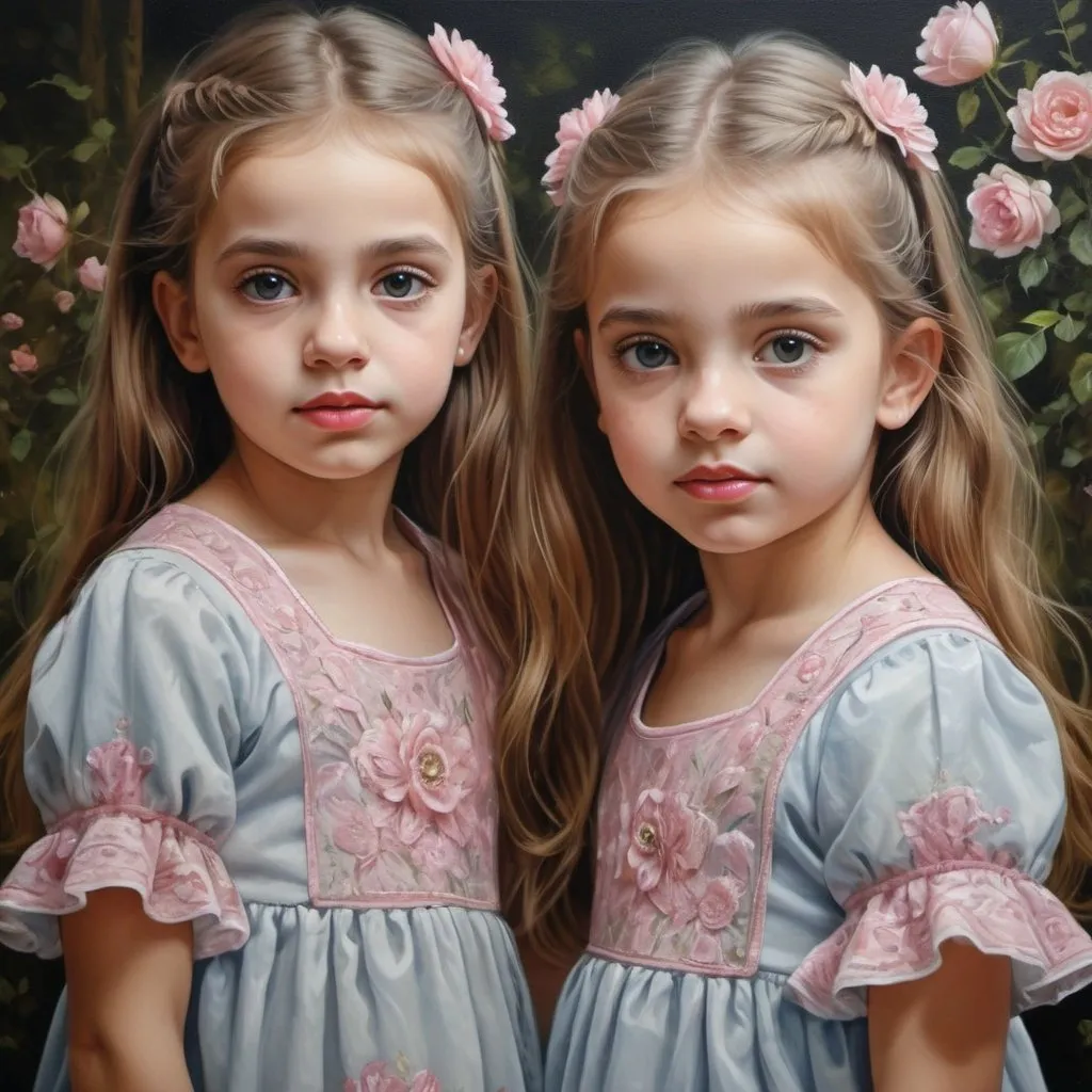 Prompt: two little girls standing next to each other, beautiful portrait of twin twins, stunning detailed painting, highly detailed oil painting, beautiful uhd 4k art, highly detailed oil painting, detailed soft painting, very detailed oil painting, young girls,