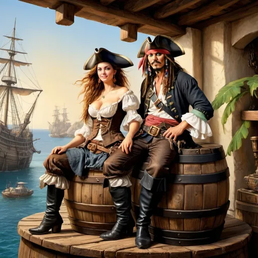 Prompt: Tortuga, 1669, A pirate and a beautiful courtesan are sitting on a barrel in the port, fun,
fairy-tale world, oil painting, detailed drawing, many small details,
,64k,realistic, "Pirates of the Caribbean" style