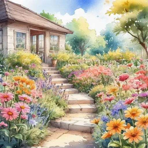 Prompt: a garden with lots of flowers , cartoon graphics, summer July, naturally, high detail, medium plan, blooming lighting effect,
dry watercolor, color sketch art
