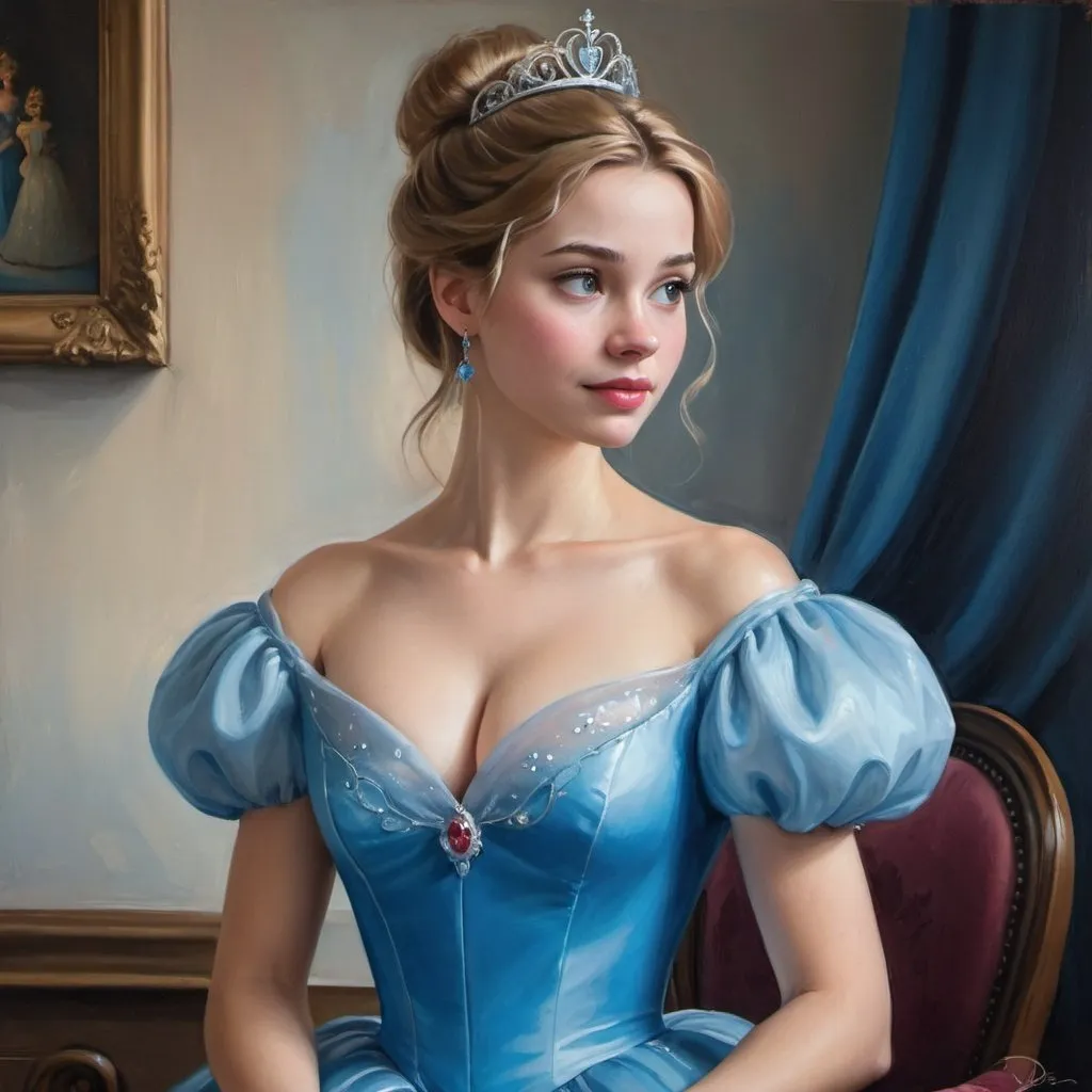 Prompt:  a painting of a woman in a blue dress , figurative art, disney art, cinderella, portrait painting of a princess