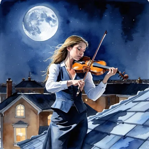 Prompt: Night, blue moon, a violinist on the roof frantically plays the "Moonlight Sonata" colorful, realistic, high detail, night light, watercolor painting