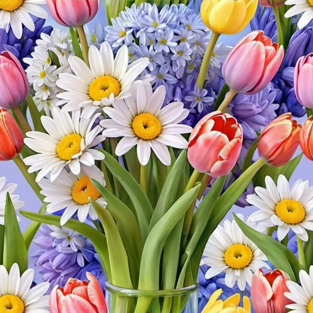 Prompt: a bouquet of daisies, tulips , hyacinths, breathtaking digital art, computer graphics, with distance, very beautiful, soothing.Realistic watercolor,