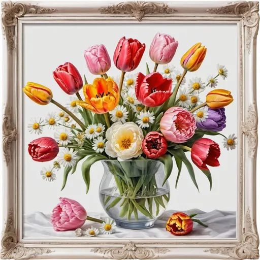 Prompt: bouquet of flowers tulip, carnation, rose, chamomile ,on a white background, incredibly detailed oil painting, beautiful frame, visualized image, heavily decorated, image, very decorated