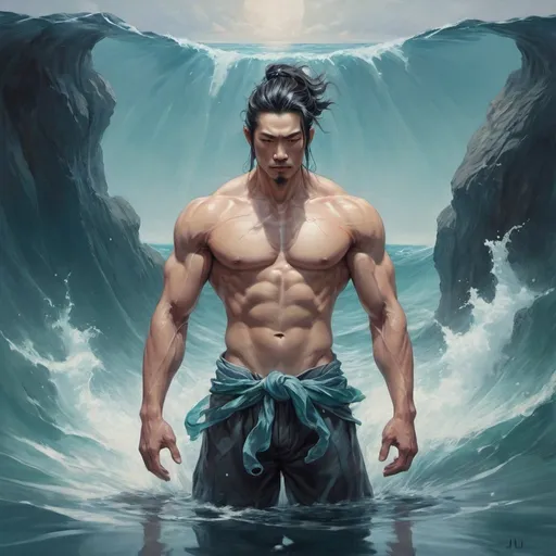 Prompt:  a man that is standing in the water, a fine art painting by Lü Ji,fantasy art, masculine muscular figure, male art, god of the ocean