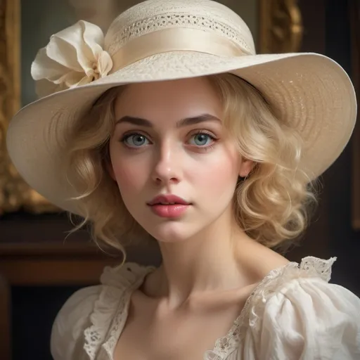 Prompt: white woman with hat, color photograph, by Mark Arian, cgsociety winner, rococo, pretty young woman, Victorian setting, big eyes and lips, beautiful art uhd 4 k, short curly blonde hair, portrait of a gentle woman, oil watercolor in broad strokes, style raw,+ super high,superrealism, resolution + UHD + HDR + highly detailed + FStop 2. 8 + 150mm lens + high fidelity + studio shot + award winning + ray tracing"
