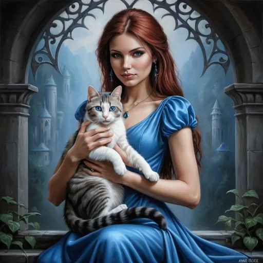 Prompt:  a woman in a blue dress holding a cat, a fine art painting by Anne Stokes, deviantart, fantasy art, beautiful fantasy painting, beautiful fantasy art portrait, fairytale artwork