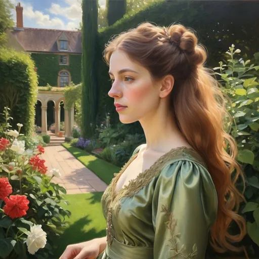 Prompt:  a lush and vibrant garden, a realistic oil painting style inspired by the works of John Singer Sargent and Jan van Eyck, intricate details of a woman's hair and dress, soft natural lighting, a distant shot to capture the beauty of the surroundings.