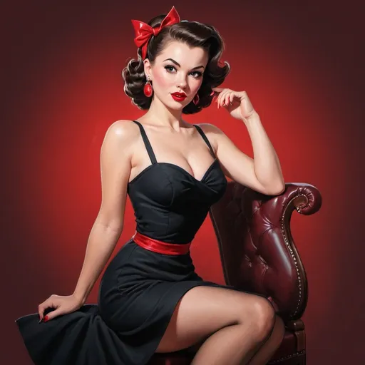 Prompt: an elegant woman in a black dress and red, pin- up art, a girl in pin -up style.