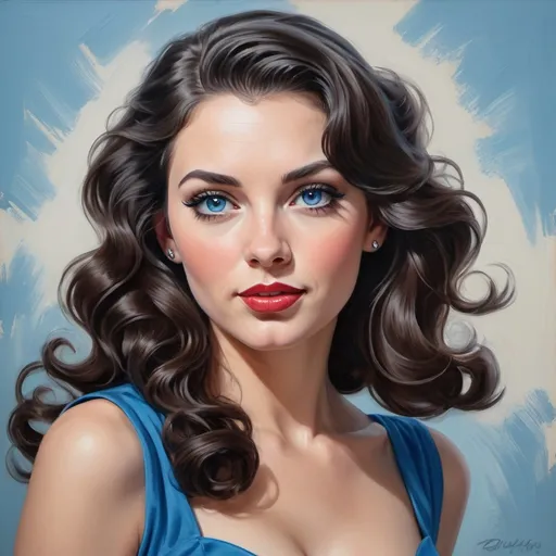Prompt: Glamorous feminine woman, in a blue dress, charming blue eyes,long wavy dark hair in pin-up style, high detail ,volumetric, realistic , acrylic painting