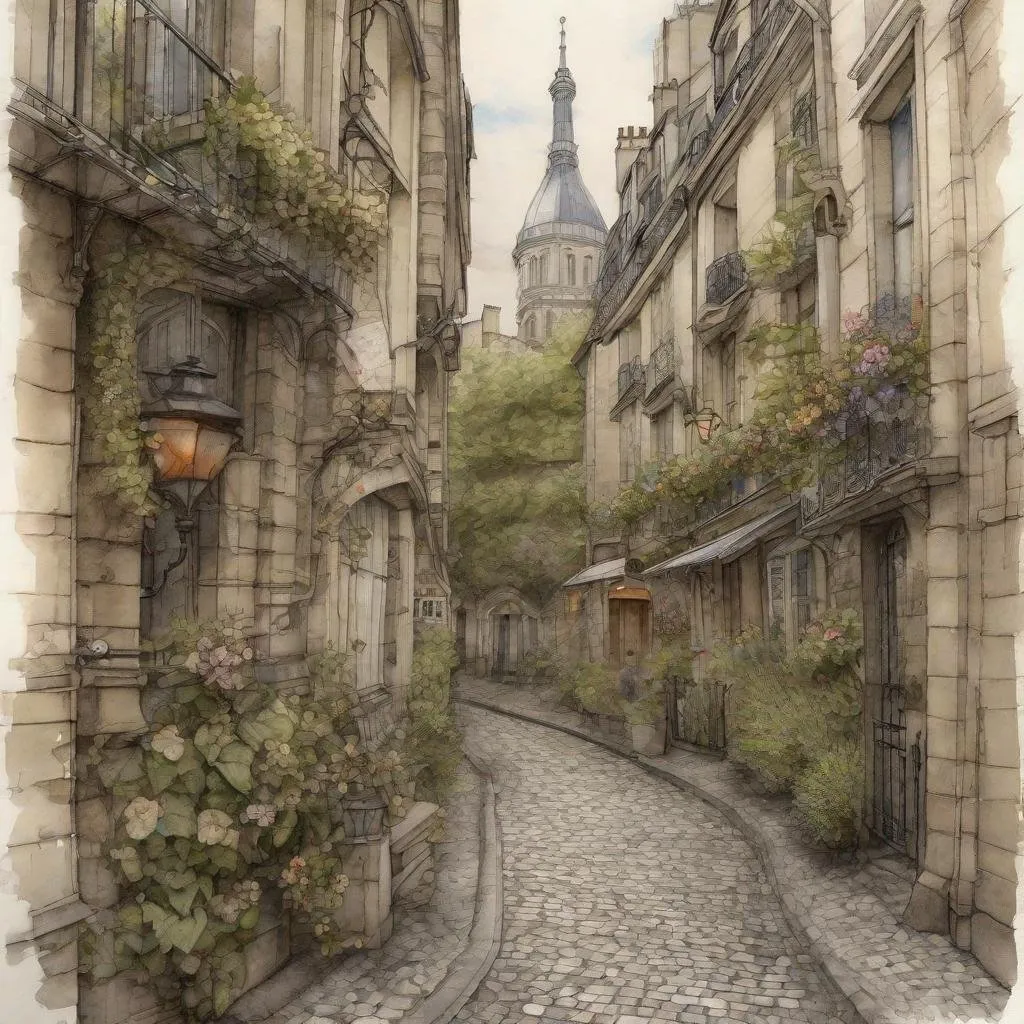 Prompt: Paris, summer,alley, watercolor+ colored ink, hyperdetalization, filigree drawing with a thin pen, ivy, flowers, trees, old houses, paving stones, lantern, intersection, tall houses, pastel shades : gray brown, sepia, contrast enhancement, sharpening, high octane, octane render