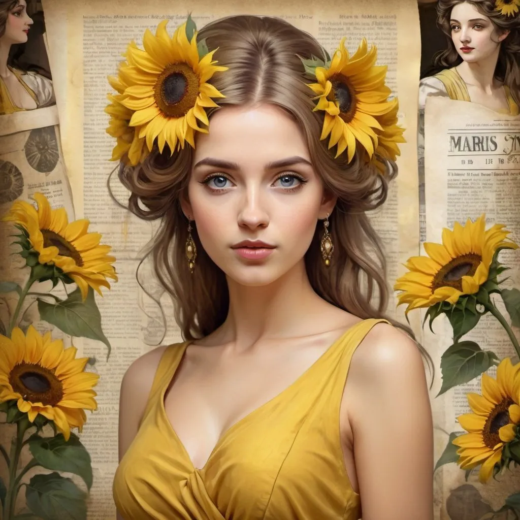 Prompt:  charming lady in a yellow dress with sunflowers in her hair, perfect face, expressive eyes, elegant photorealistic, standing against the background of an old newspaper, beauty in art nouveau style, stunning portrait in fantasy style, gorgeous digital painting