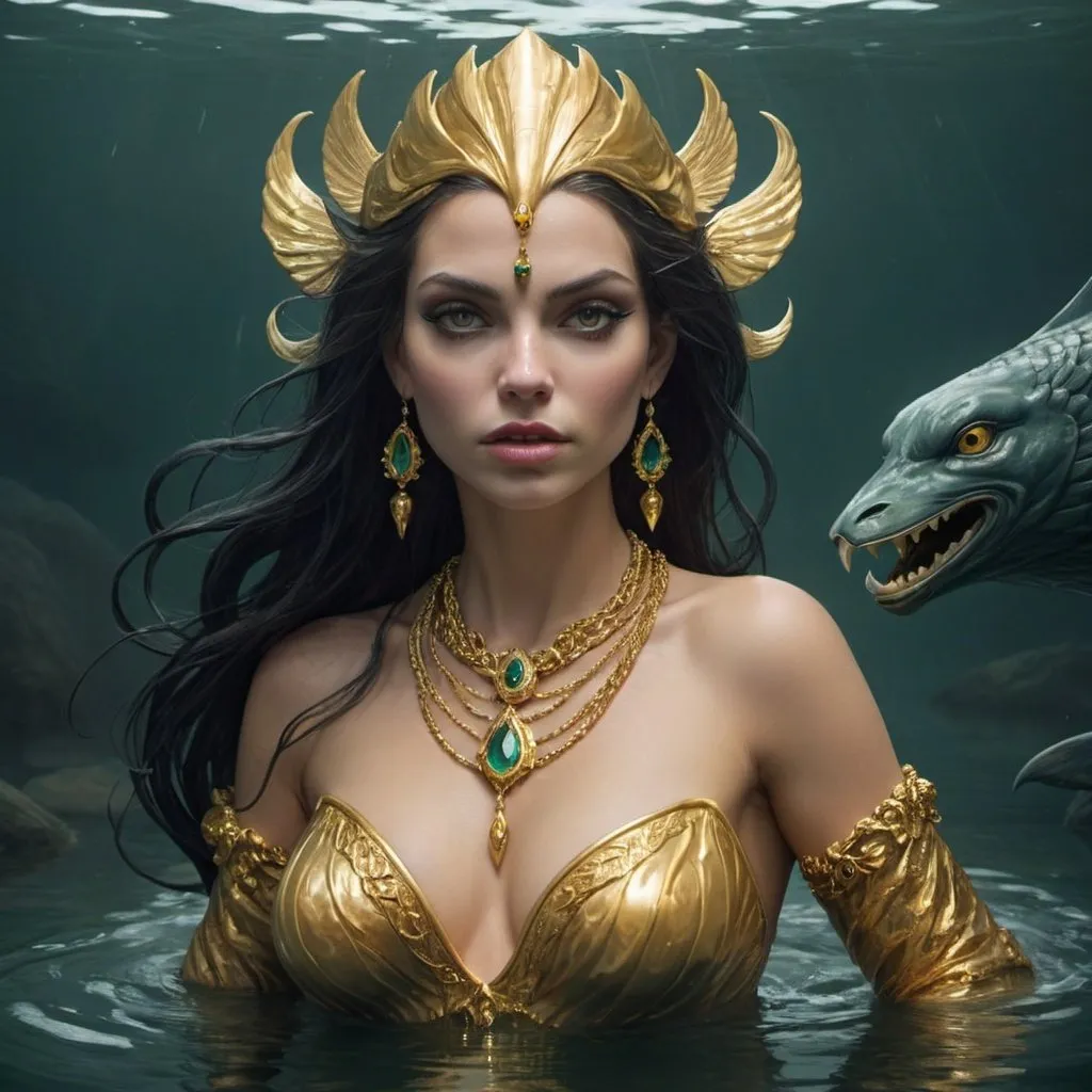 Prompt: siren - mysterious woman adorned in golden jewelry, who resides in a lake and defends it from unwelcome guests.