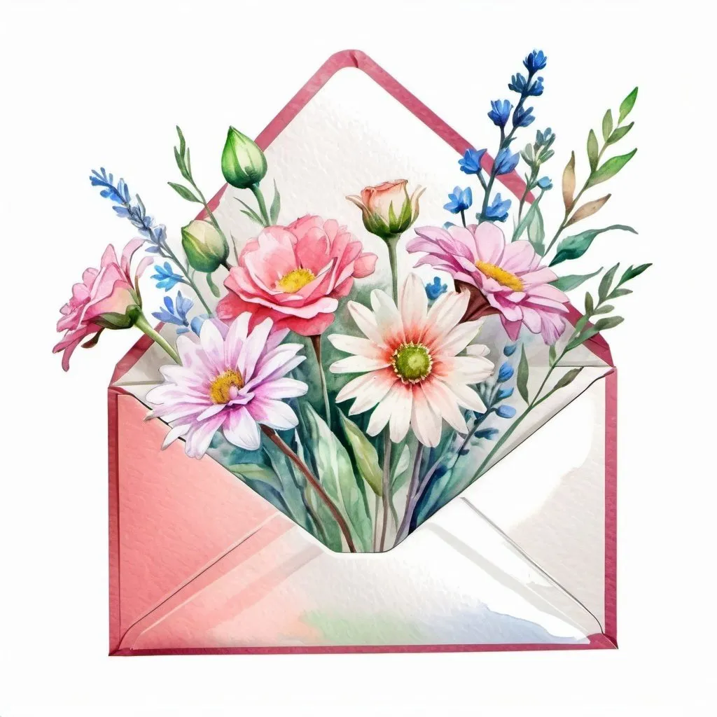 Prompt: bouquet of flowers in a postal envelope, white background, white , pink, blue , green, realistic, beautiful drawing dry watercolor, color sketch art